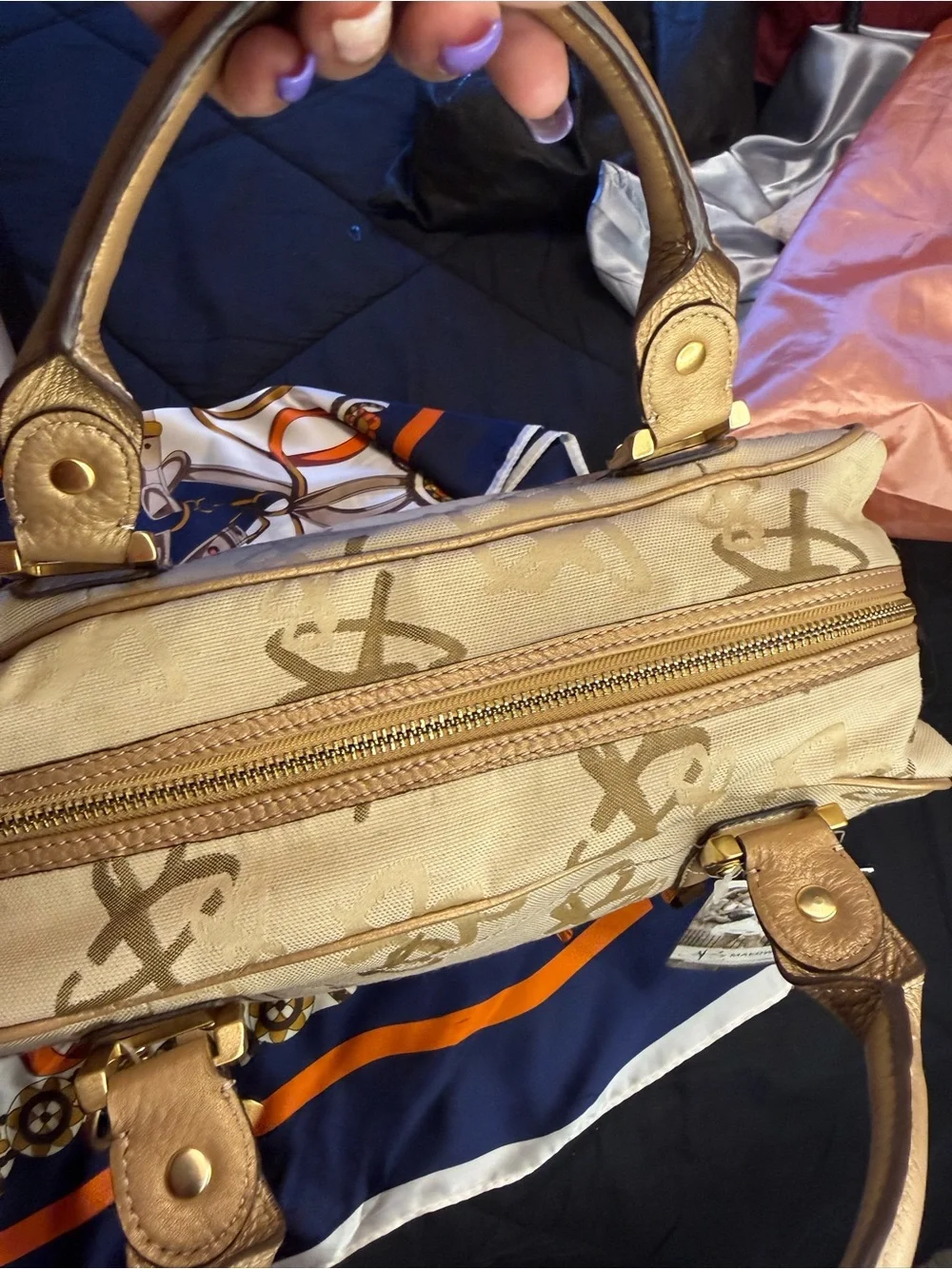 B. Makowsky  Beige Logo Satchel with Gold Accents